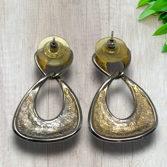 Vintage 1980s Silver Tone Dk Blue Enamel Pierced Doorknocker Earrings Modernist - Picture 2 of 5